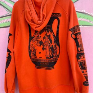 ETUDES AS-IS *AS IS* FLOCKED VELVET GRECIAN VASE GRAPHIC DRAWSTRING PULLOVER SWEATSHIRT in ORANGE, BLACK