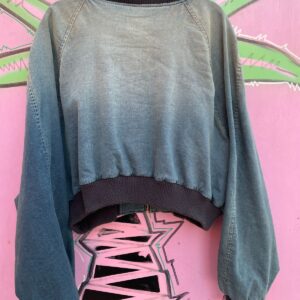 *AS-IS* RAD! MADE IN USA CROPPED OMBRE DENIM BOMBER JACKET RIBBED COLLAR & CUFFS *ZIPPER SLIDE MISSING in BLUE