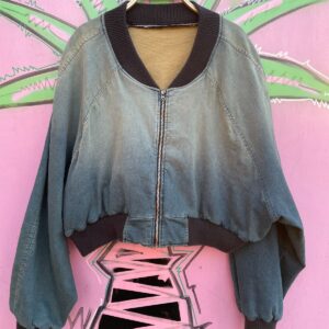 *AS-IS* RAD! MADE IN USA CROPPED OMBRE DENIM BOMBER JACKET RIBBED COLLAR & CUFFS *ZIPPER SLIDE MISSING in BLUE