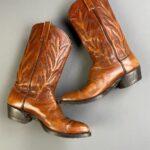 GORGEOUS!!! COGNAC LEATHER ALMOND TOE COWBOY BOOTS, EMBOSSED LEAF DESIGN