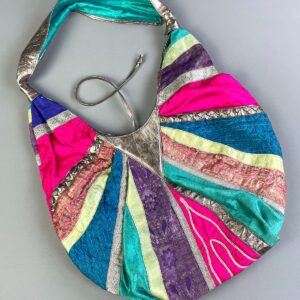 BRACCIALINI *AS-IS* WILD! MADE IN ITALY ABSTRACT TEXTILE & METALLIC LEATHER PATCHWORK OVERSIZED HOBO STYLE SHOULDER BAG in SILVER, PINK, BLUE