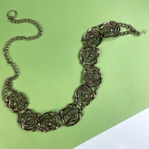 *AS-IS* KILLER! ROSE CUT-OUT HEAVY CHAIN BELT, RHINESTONE ACCENTS in DARK SILVER