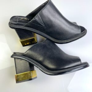 KAT MACONIE GORGEOUS! PEEP TOE CHUNKY GOLD HEEL LEATHER SANDALS in BLACK, GOLD