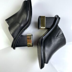 KAT MACONIE GORGEOUS! PEEP TOE CHUNKY GOLD HEEL LEATHER SANDALS in BLACK, GOLD