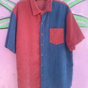 COLORBLOCK SHORT SLEEVE BUTTON DOWN CORDUROY SHIRT in SALMON, BLUE