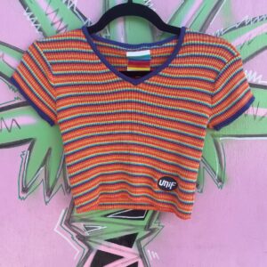 UNIF SWEET! SORBET RAINBOW STRIPED RIBBED V-NECK KNIT TOP in ORANGE, PURPLE