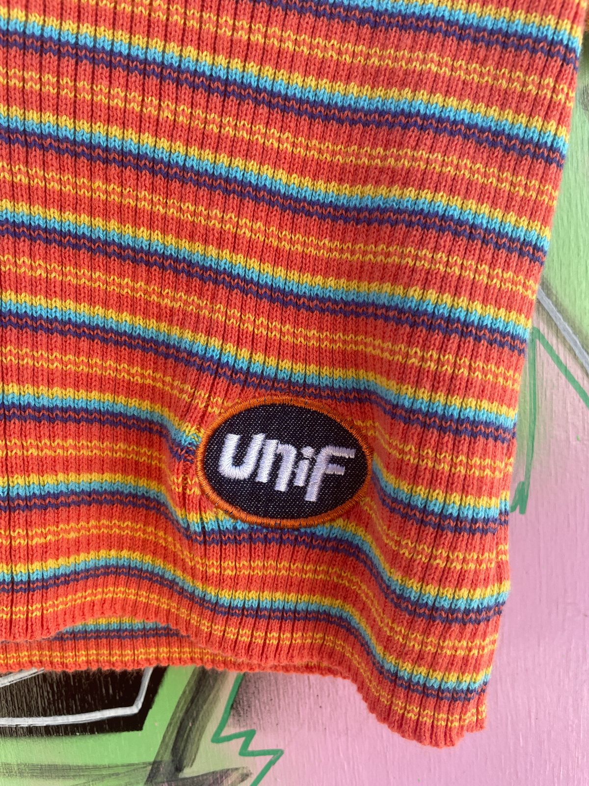 UNIF SWEET! SORBET RAINBOW STRIPED RIBBED V-NECK KNIT TOP in ORANGE, PURPLE