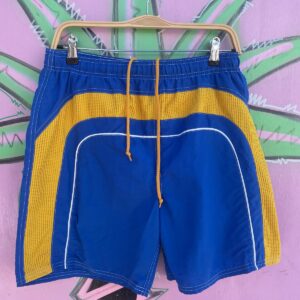 EXTREME LIMIT 1990S COLORBLOCK NYLON SWIM TRUNKS, MESH PANELS in BLUE, YELLOW