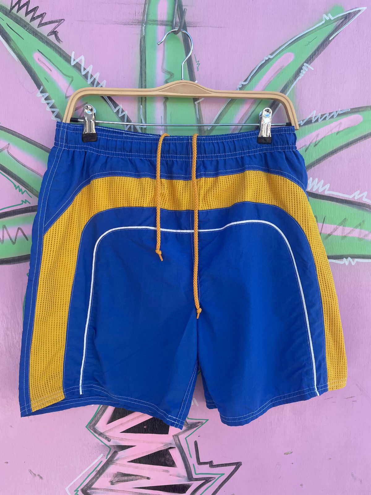 EXTREME LIMIT 1990S COLORBLOCK NYLON SWIM TRUNKS, MESH PANELS in BLUE, YELLOW