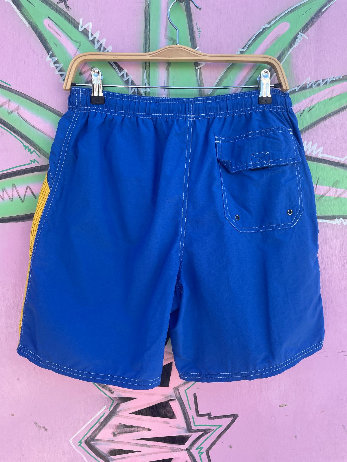 EXTREME LIMIT 1990S COLORBLOCK NYLON SWIM TRUNKS, MESH PANELS in BLUE, YELLOW