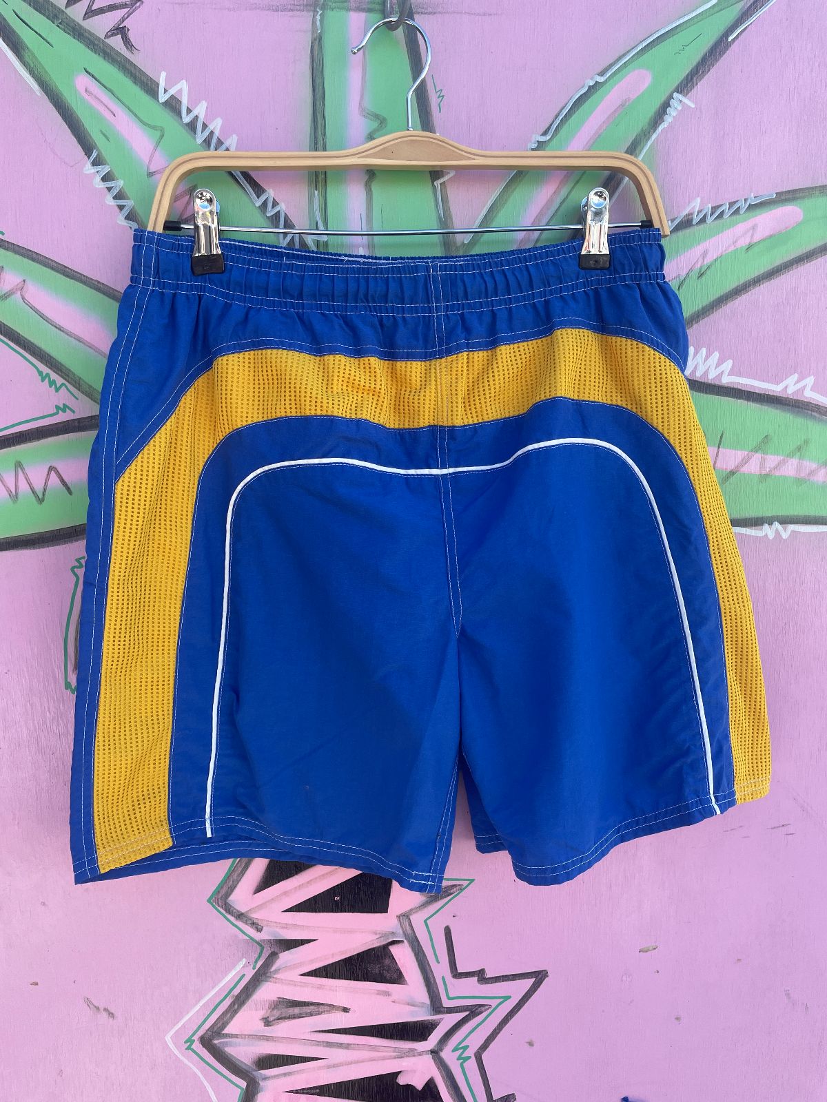 EXTREME LIMIT 1990S COLORBLOCK NYLON SWIM TRUNKS, MESH PANELS in BLUE, YELLOW
