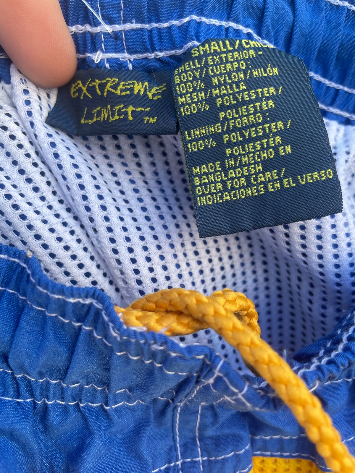 EXTREME LIMIT 1990S COLORBLOCK NYLON SWIM TRUNKS, MESH PANELS in BLUE, YELLOW