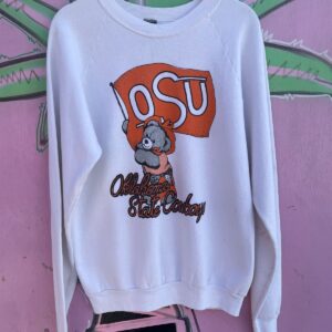 SCREEN STARS SO CUTE!! OSU OKLAHOMA STATE COWBOYS TEDDY BEAR GRAPHIC RAGLAN CREWNECK SWEATSHIRT in WHITE