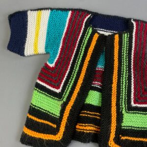 SO CUTE!! RETRO 1970S HANDMADE KNIT COLORFUL STRIPED CHILDRENS OPEN CARDIGAN SWEATER in BLACK, MULTI