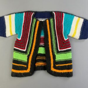 SO CUTE!! RETRO 1970S HANDMADE KNIT COLORFUL STRIPED CHILDRENS OPEN CARDIGAN SWEATER in BLACK, MULTI