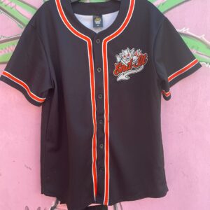 GOLDSET MERCH BALTIMORE #23 SHORT SLEEVE BUTTON DOWN BASEBALL JERSEY - END IT DEVIL EMBROIDERY in BLACK, ORNAGE