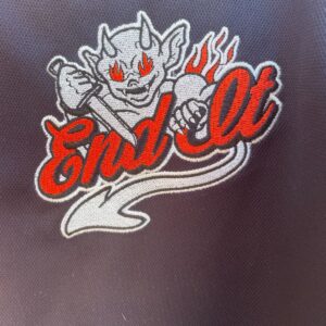 GOLDSET MERCH BALTIMORE #23 SHORT SLEEVE BUTTON DOWN BASEBALL JERSEY - END IT DEVIL EMBROIDERY in BLACK, ORNAGE