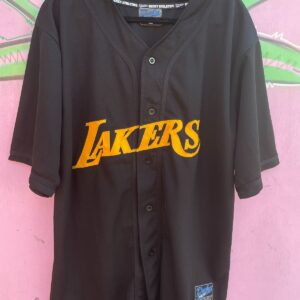 DECKY ATHLETICS COOL! EMBROIDERED LOS ANGELES LAKERS BUTTON UP BASEBALL JERSEY in BLACK, YELLOW
