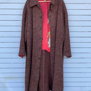 Yohji Yamamoto POUR HOMME *AS-IS* HEAVY BOUCLE WOOL TWEED TRENCH COAT, 100% PRINTED SILK LINED in RED, GRAY, BROWN