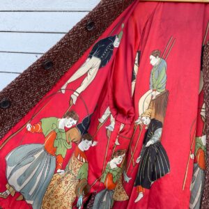 Yohji Yamamoto POUR HOMME *AS-IS* HEAVY BOUCLE WOOL TWEED TRENCH COAT, 100% PRINTED SILK LINED in RED, GRAY, BROWN