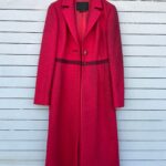 *AS-IS* LATE 90S EARLY Y2K STRUCTURED 100% WOOL FITTED TRENCH LENGTH PEACOAT, FRAYED RIBBON TRIM DETAIL
