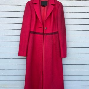 PRADA *AS-IS* LATE 90S EARLY Y2K STRUCTURED 100% WOOL FITTED TRENCH LENGTH PEACOAT, FRAYED RIBBON TRIM DETAIL in RED