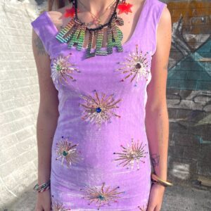 OCEANUS #FESTIVAL! LILAC CRUSHED VELVET STARBURST JEWEL EMBELLISHED MINI DRESS in PURPLE