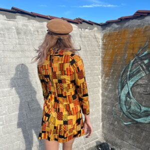 AMAZING! 1960S-70S FUNKY MOD GEOMETRIC PRINT LACE UP FRONT FLARED COLLAR MINI DRESS in YELLOW, ORANGE