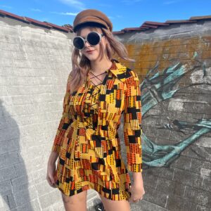 AMAZING! 1960S-70S FUNKY MOD GEOMETRIC PRINT LACE UP FRONT FLARED COLLAR MINI DRESS in YELLOW, ORANGE