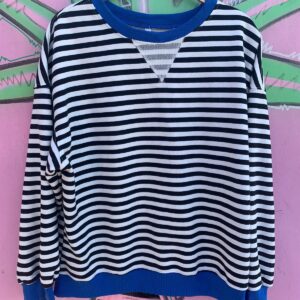 COOL STRIPED SWEATSHIRT, POP COLOR RINGER COLLAR & CUFFS in WHITE, BLACK, BLUE
