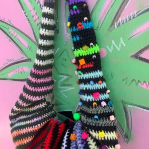 SO CUTE! HAND CROCHET STRIPED KNIT SLOUCHY HOBO BAG, CINCH & TIE CLOSURE ADDED BAUBLE BEADS in MULTI
