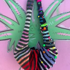 SO CUTE! HAND CROCHET STRIPED KNIT SLOUCHY HOBO BAG, CINCH & TIE CLOSURE ADDED BAUBLE BEADS in MULTI