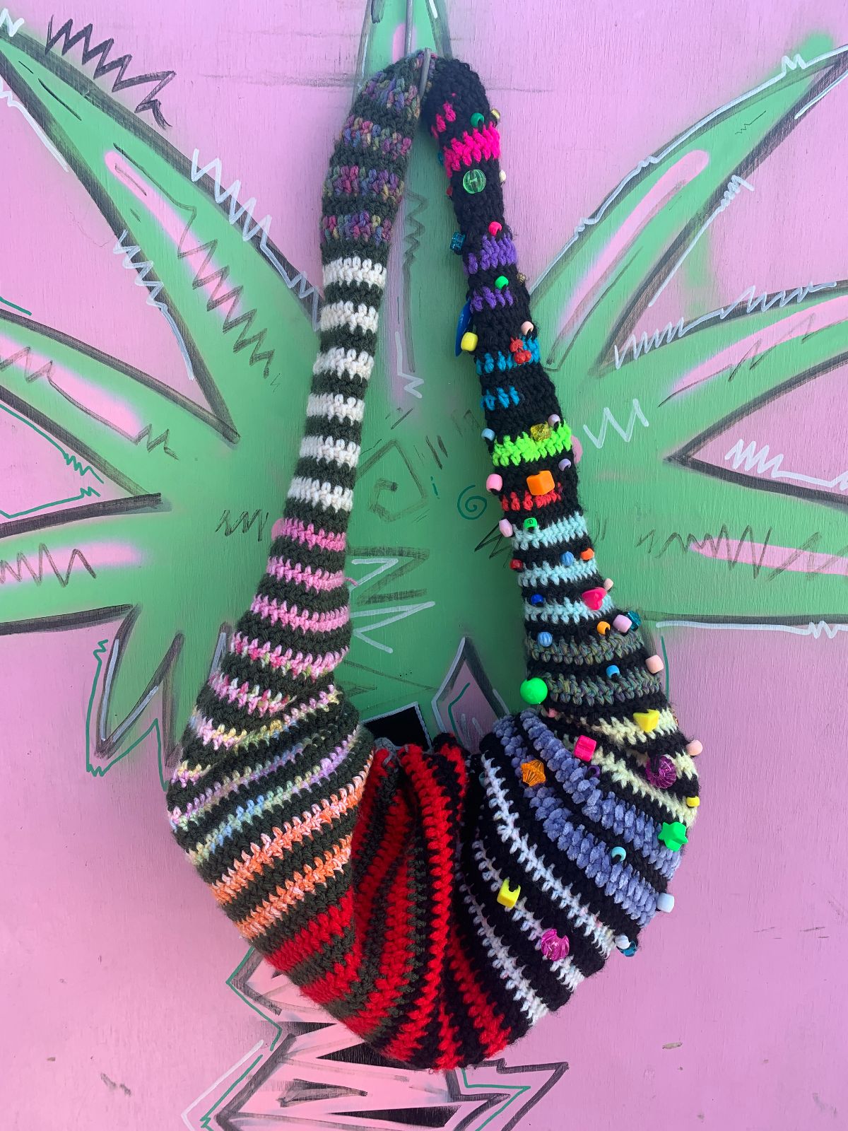SO CUTE! HAND CROCHET STRIPED KNIT SLOUCHY HOBO BAG, CINCH & TIE CLOSURE ADDED BAUBLE BEADS in MULTI