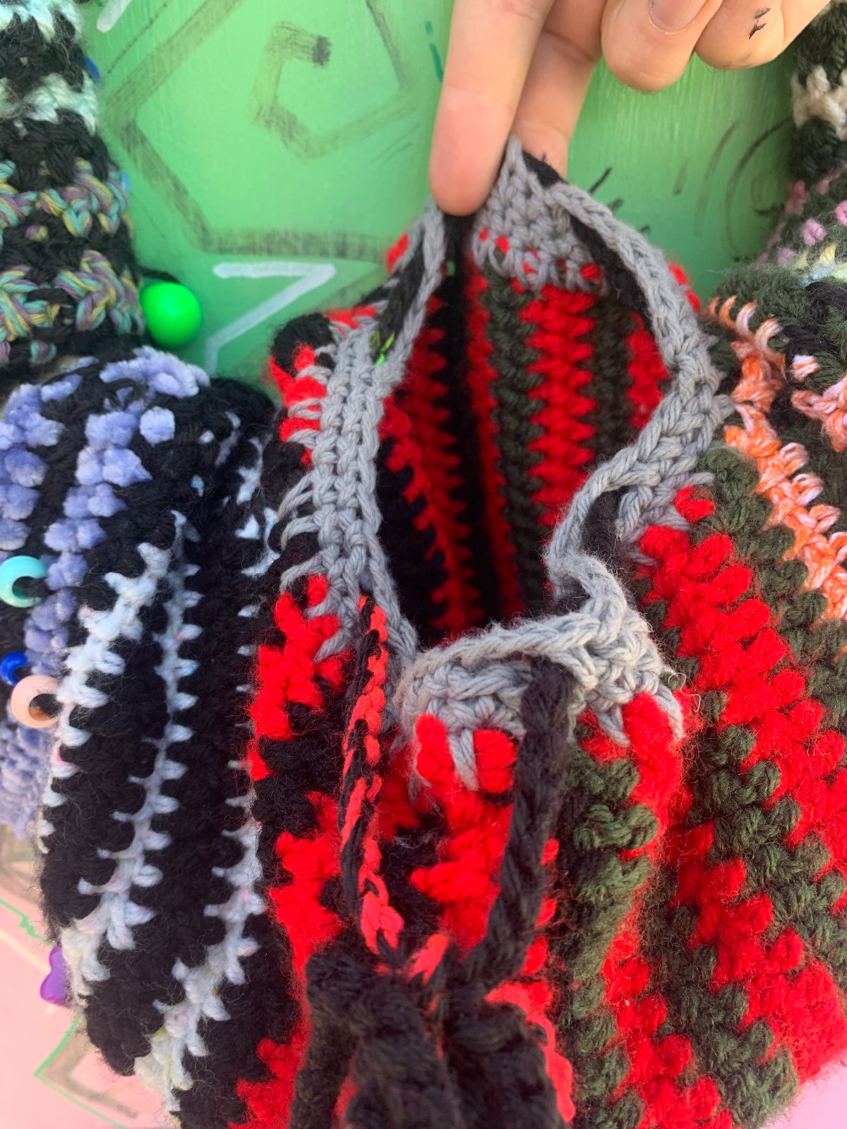 SO CUTE! HAND CROCHET STRIPED KNIT SLOUCHY HOBO BAG, CINCH & TIE CLOSURE ADDED BAUBLE BEADS in MULTI