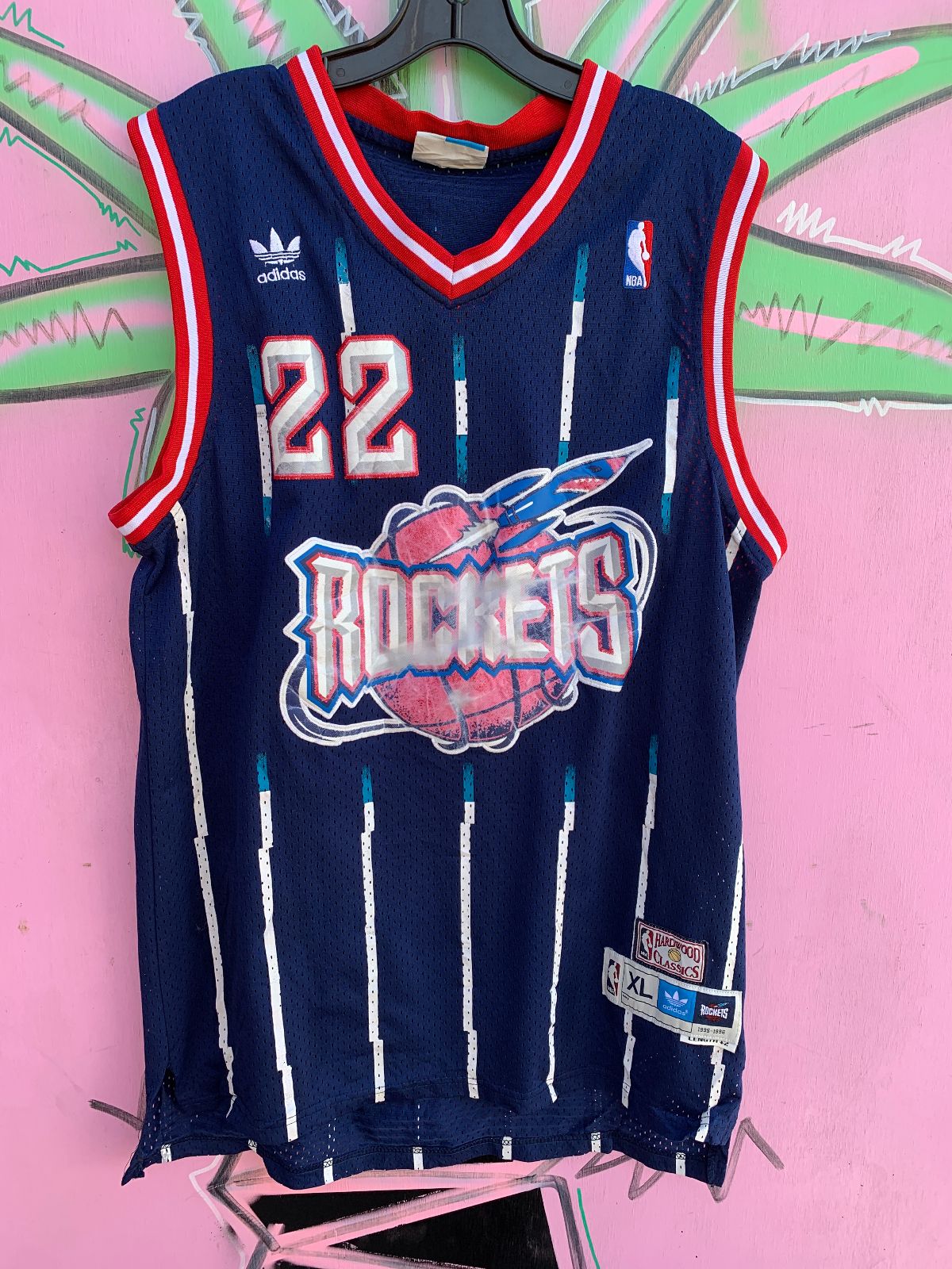 ADIDAS THRASHED NBA HOUSTON ROCKETS #22 DREXLER BASKETBALL JERSEY in BLUE