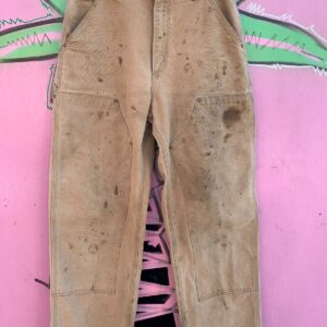 CARHARTT *AS-IS* RAD! FADED & HEAVILY DISTRESSED CARHARTT DOUBLE KNEE DENIM WORKWEAR CARPENTER PANTS in TAN