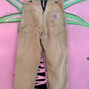 CARHARTT *AS-IS* RAD! FADED & HEAVILY DISTRESSED CARHARTT DOUBLE KNEE DENIM WORKWEAR CARPENTER PANTS in TAN