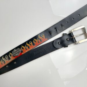 HARLEY DAVIDSON SUPER SOFT EMBOSSED FLAME DESIGN LEATHER BELT, HEAVY LOGO PLAQUE EMBELLISHMENTS in BLACK, RED, ORANGE