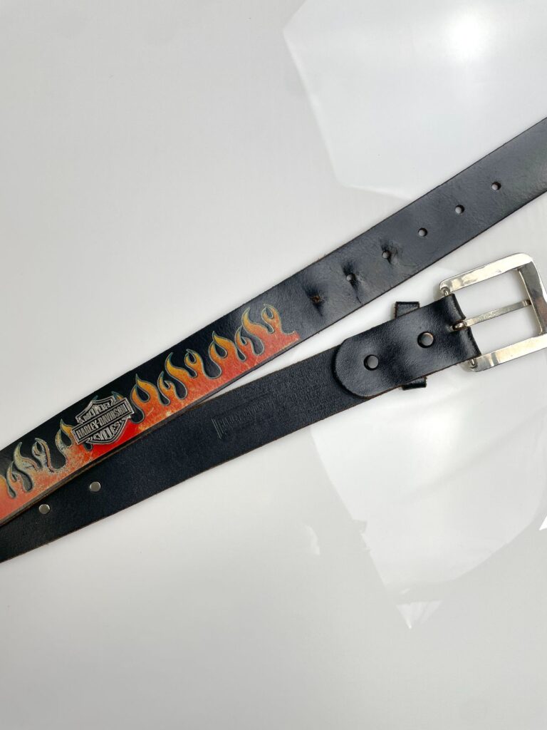SUPER SOFT EMBOSSED FLAME DESIGN LEATHER BELT, HEAVY LOGO PLAQUE EMBELLISHMENTS