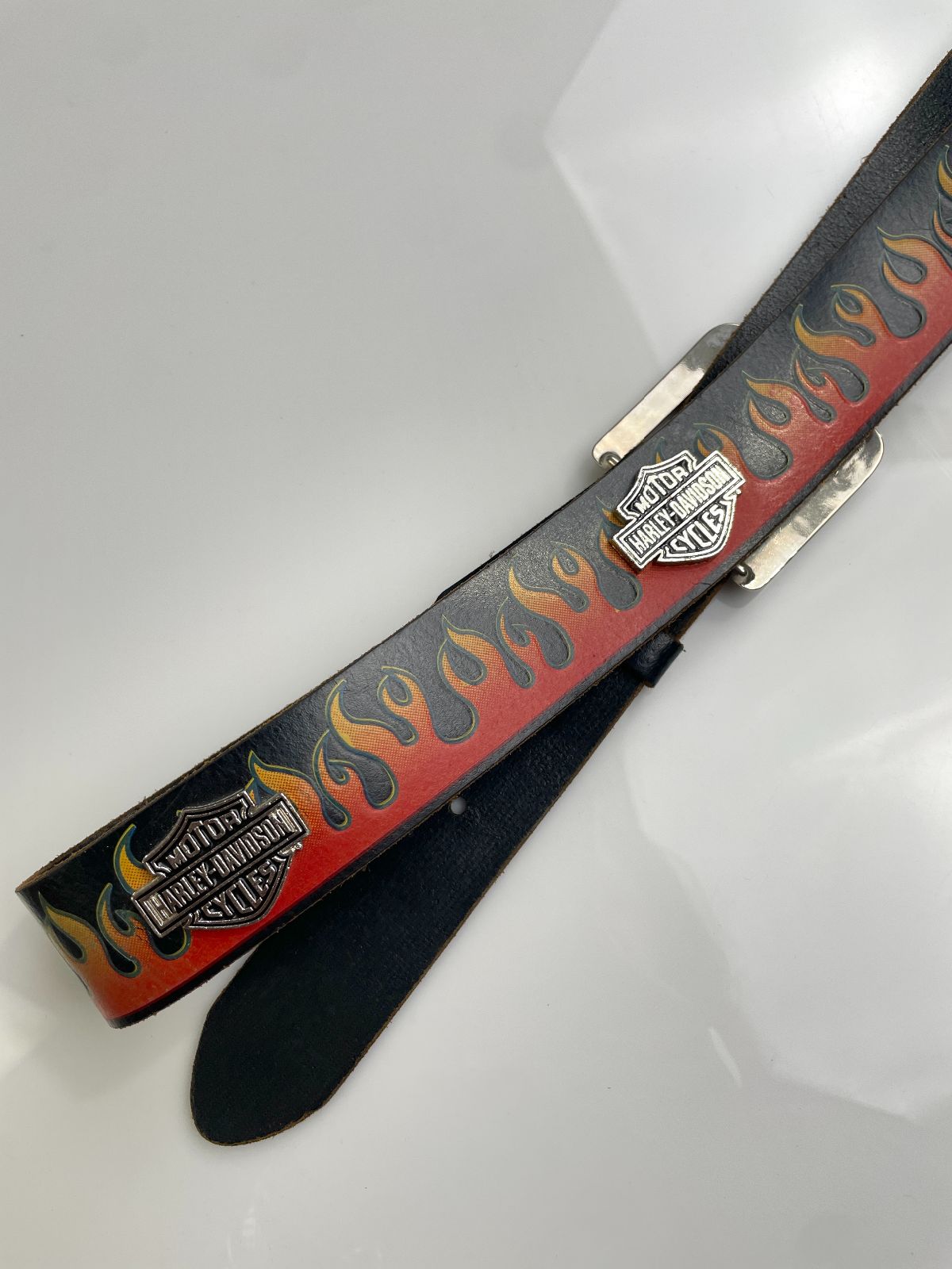 HARLEY DAVIDSON SUPER SOFT EMBOSSED FLAME DESIGN LEATHER BELT, HEAVY LOGO PLAQUE EMBELLISHMENTS in BLACK, RED, ORANGE