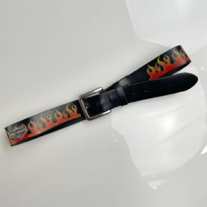 HARLEY DAVIDSON SUPER SOFT EMBOSSED FLAME DESIGN LEATHER BELT, HEAVY LOGO PLAQUE EMBELLISHMENTS in BLACK, RED, ORANGE