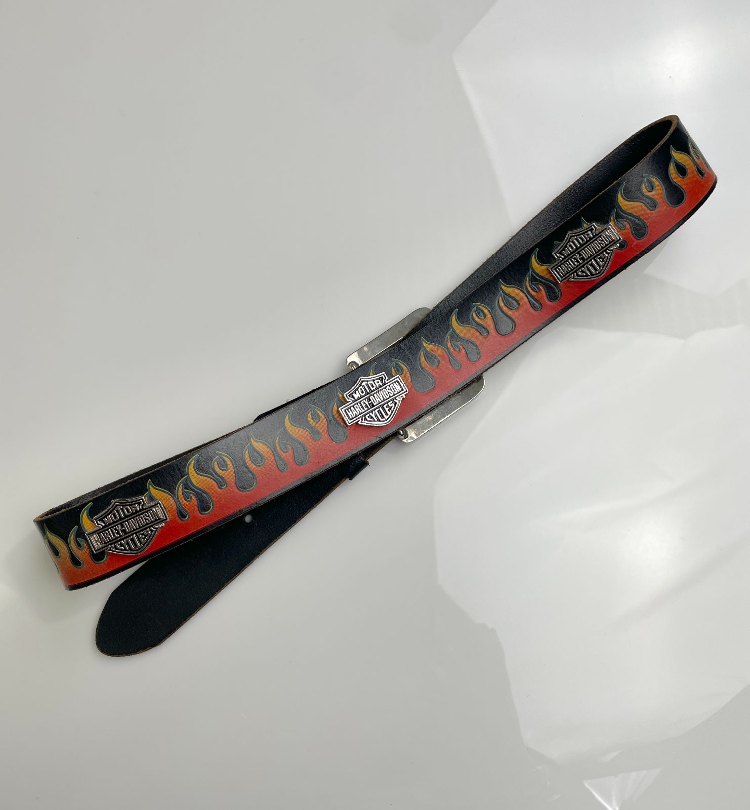 HARLEY DAVIDSON SUPER SOFT EMBOSSED FLAME DESIGN LEATHER BELT, HEAVY LOGO PLAQUE EMBELLISHMENTS in BLACK, RED, ORANGE