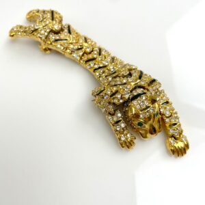 *AS-IS* 1990S LARGE GOLD PLATED ARTICULATED TIGER BROOCH ENAMEL & RHINESTONE DETAILS in GOLD, BLACK