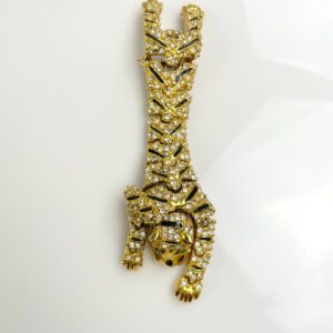 *AS-IS* 1990S LARGE GOLD PLATED ARTICULATED TIGER BROOCH ENAMEL & RHINESTONE DETAILS in GOLD, BLACK