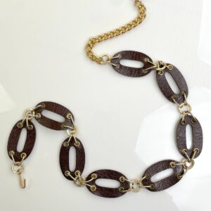 RETRO OVAL CUT-OUT FAUX LEATHER & CHAIN LINK BELT in BROWN, GOLD