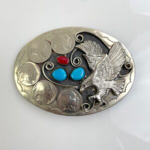 LARGE 925 SILVER BUFFALO NICKEL BUCKLE CHUNKS OF RAW TURQUOISE & CORAL in SILVER, TURQUOISE, RED