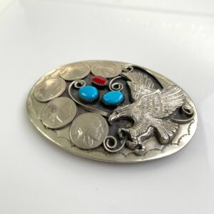 LARGE 925 SILVER BUFFALO NICKEL BUCKLE CHUNKS OF RAW TURQUOISE & CORAL in SILVER, TURQUOISE, RED
