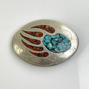 NICE! 925 STERLING SILVER ENGRAVED BEAR PAW BELT BUCKLE, CRUSHED TURQUOISE & CORAL INLAY in SILVER, TURQUOISE, RED