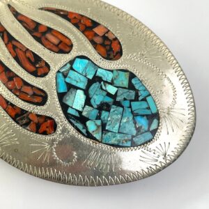 NICE! 925 STERLING SILVER ENGRAVED BEAR PAW BELT BUCKLE, CRUSHED TURQUOISE & CORAL INLAY in SILVER, TURQUOISE, RED