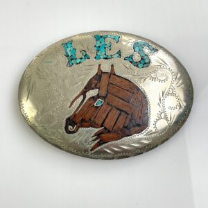 WOW!! SO AWESOME! 925 STERLING SILVER BELT BUCKLE, CRUSHED TURQUOISE & PETRIFIED WOOD INLAY, LES NAME & HORSE DESIGN in SILVER, TURQUOISE, BROWN
